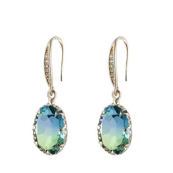 Gold with Green and Blue Ombré Stone Rhinestone Accent Drop Earrings - Picture 7 of 8